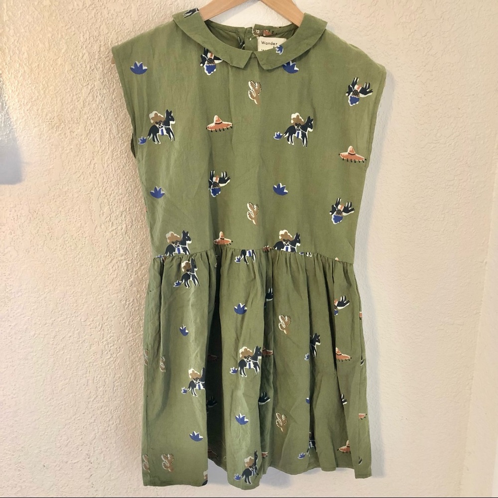 Girls Wander & Wonder Green Cotton Dress Peter Pan Collar Southwest Mexico Print